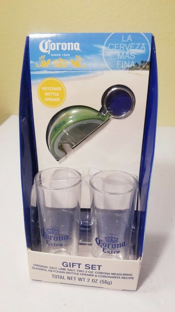Corona Gift Set Two 2 OZ Glasses Salt & Lime Salt W/ Key Chain Bottle Opener NEW